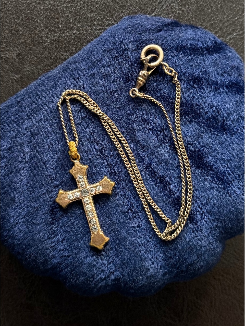 Antique Victorian Gold Filled Rhinestone Cross Pendant Watch Chain Necklace
